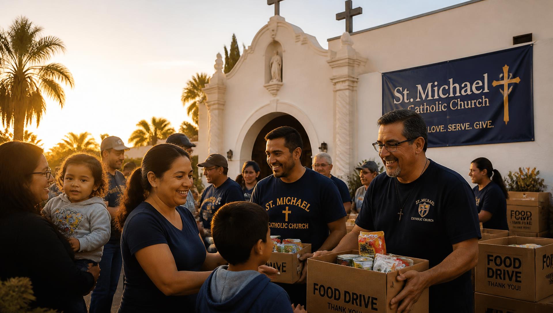 Parish volunteers gathering donations outside a Catholic church